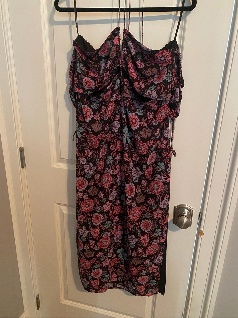 MAJORELLE Black Slip Dress with Pink and Lavender Floral Print